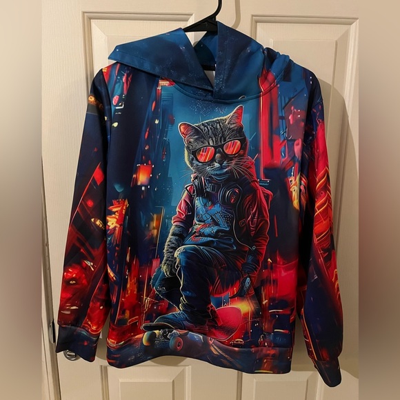 Other - Stylish Cat Print Kids Hoodie,Blue and Red